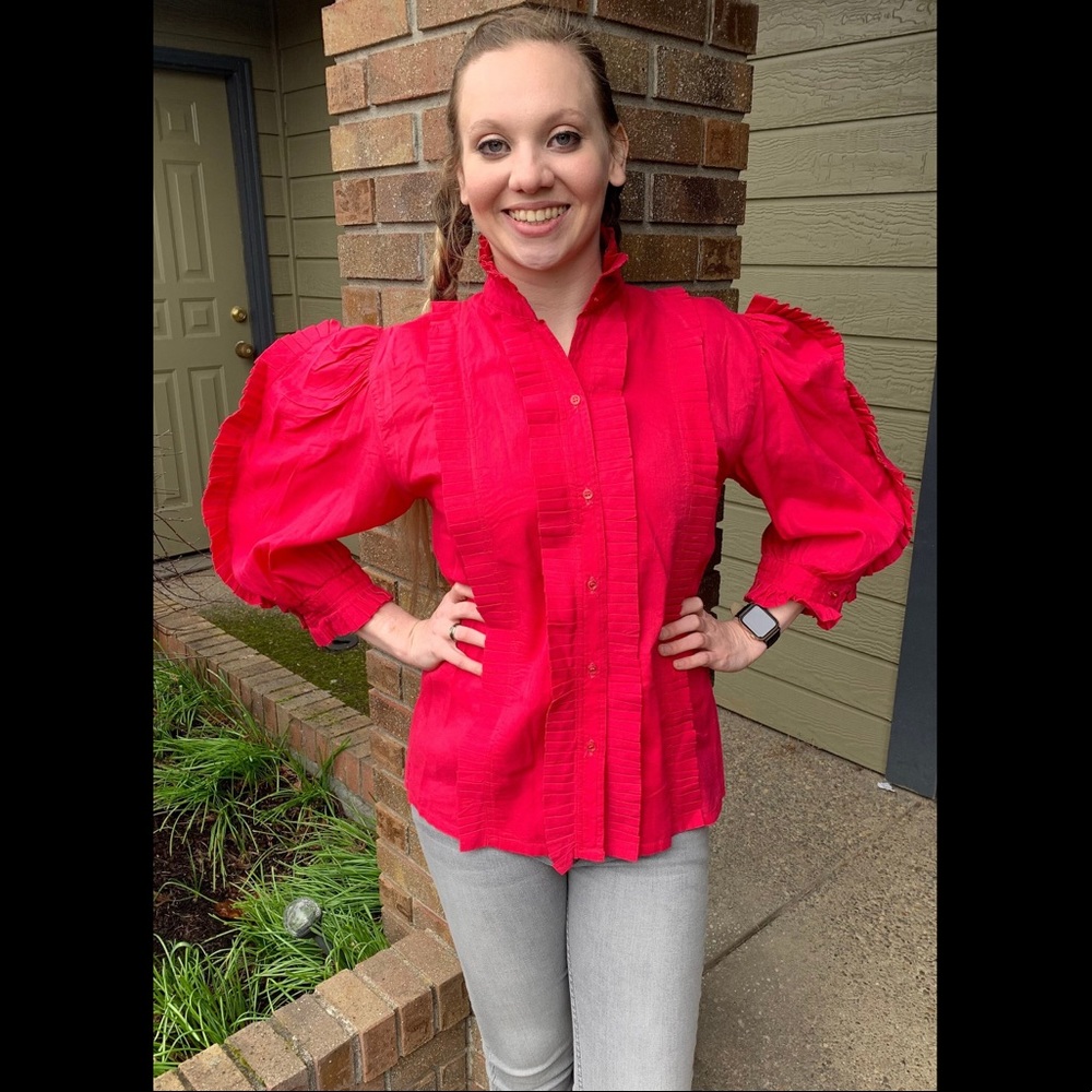 1970s Bright Pink Puff Sleeve Cotton Shirt by ROMANTIQUE, Dramatic Unique OOAK